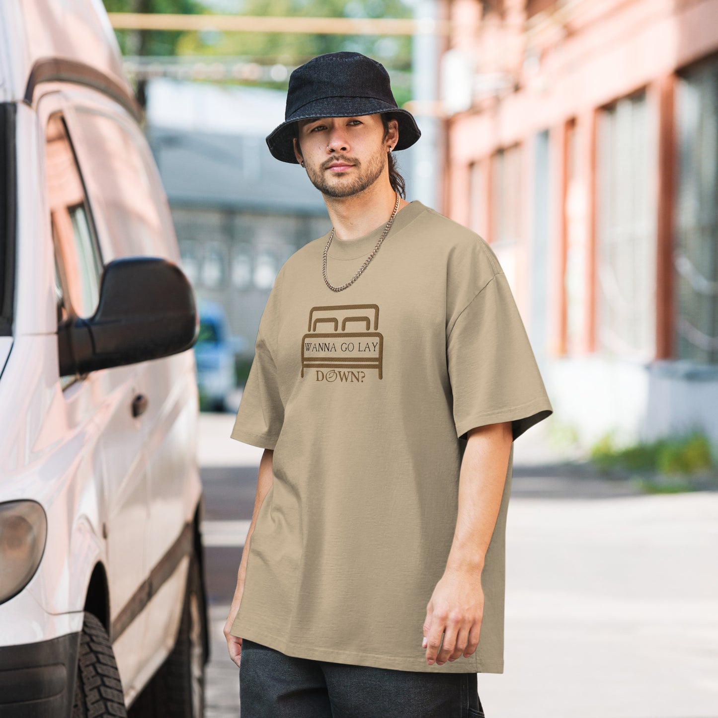 Wanna Go Lay Down Embroidered Oversized Tee