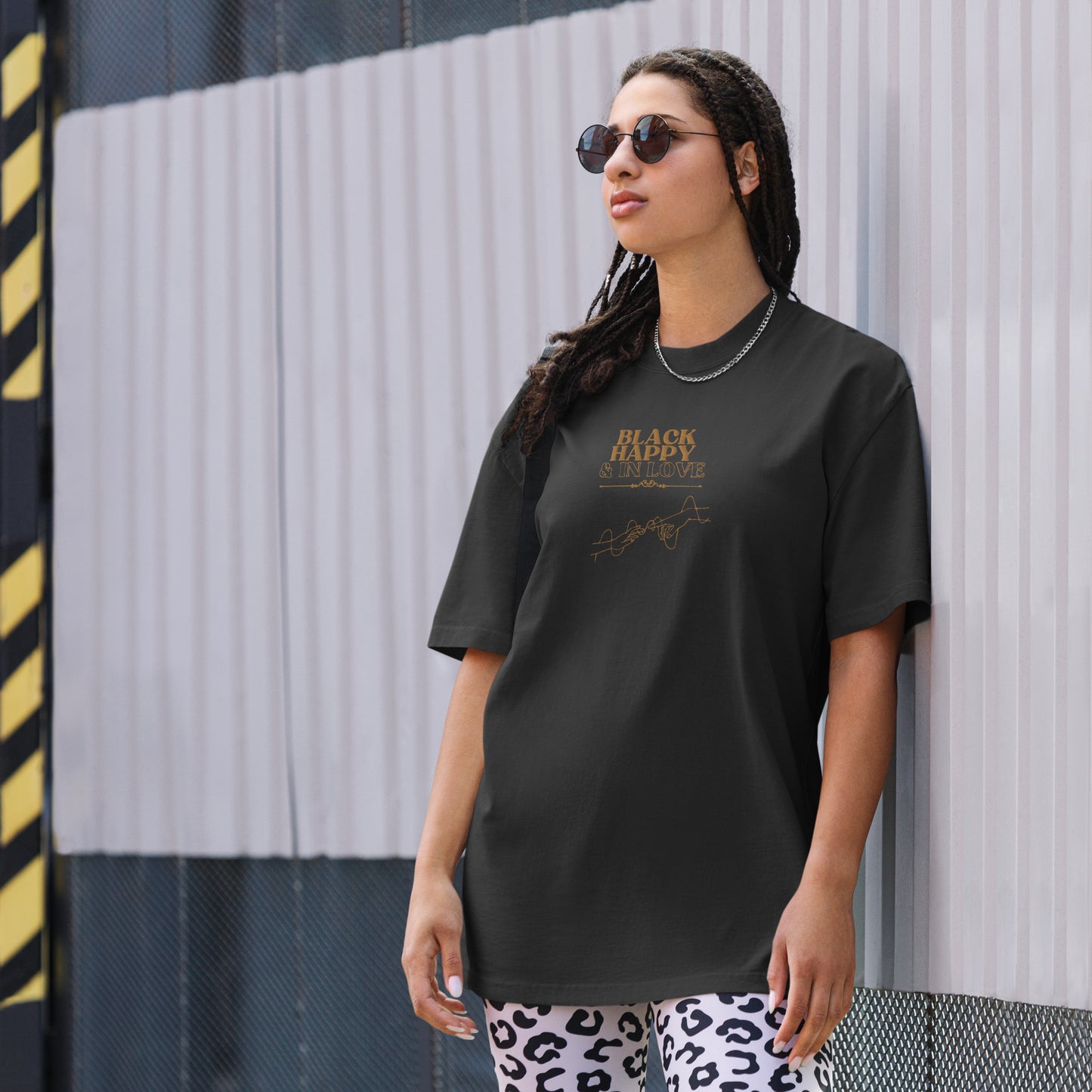 Black, Happy, In Love Embroidered Oversized Tee